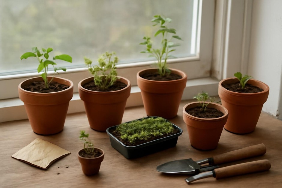 Windowsill micro-garden with small pots of herbs and seedlings